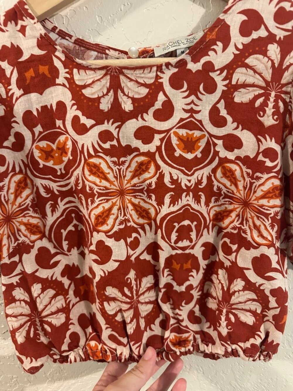 Rachel Zoe Linen Puff Sleeve Floral Boho Print Cropped Hippie Top - Picture 6 of 10